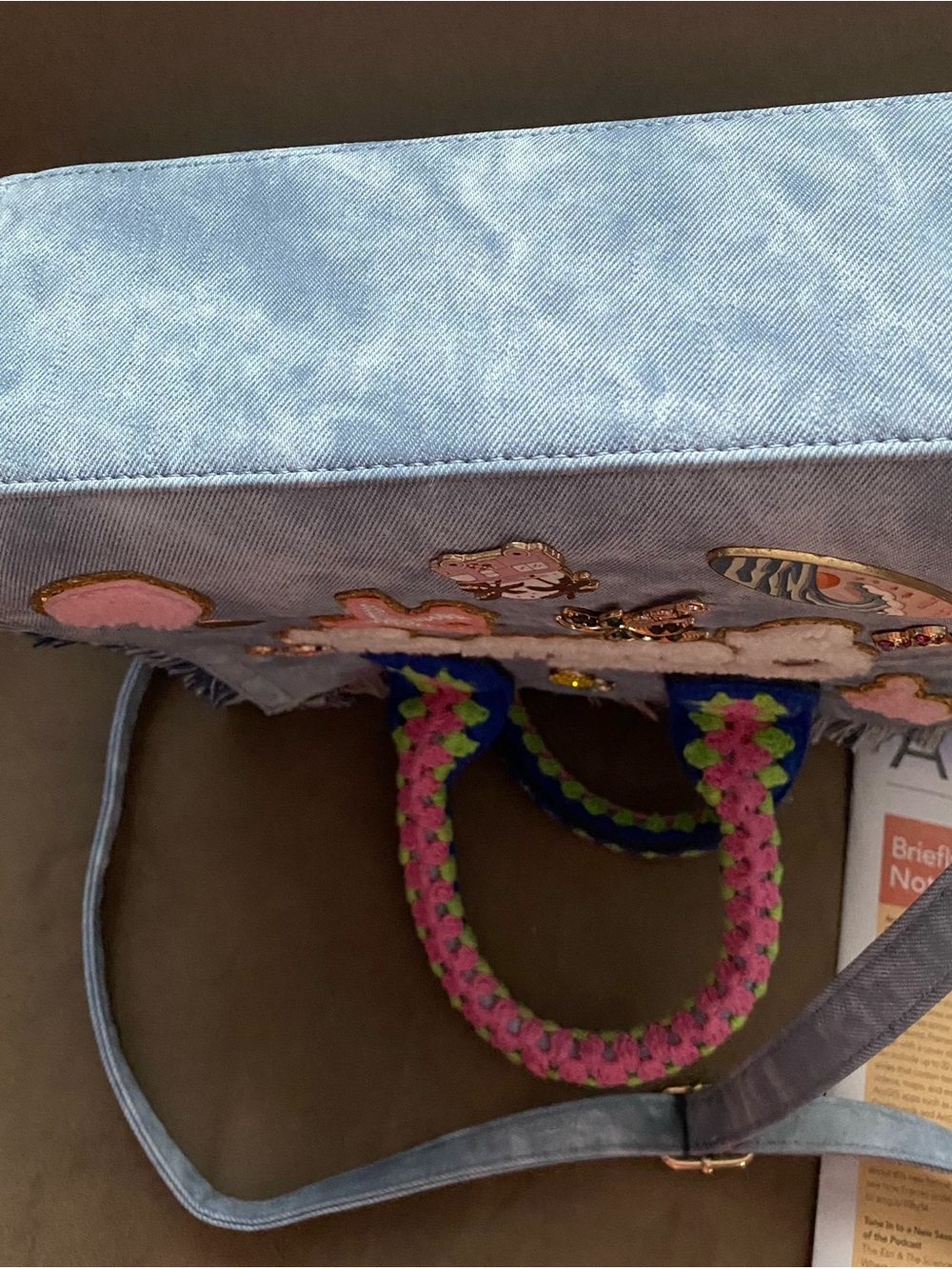 Aldo Denim 'Getaway' Tote with Pink & Green Crocheted Handles - Picture 5 of 5